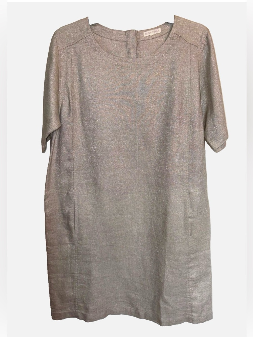 Eileen Fisher Champagne Wheat Metallic Shimmer Tunic Dress Medium Pockets